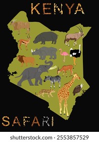 Kenya safari word, animal skin print over separated letter vector silhouette illustration isolated on background. Tourist invite to observing wildlife in national park. Kenya map safari animals Africa