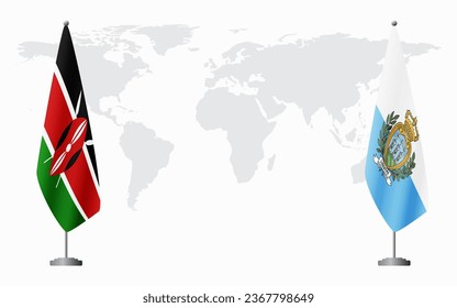 Kenya and San Marino flags for official meeting against background of world map.