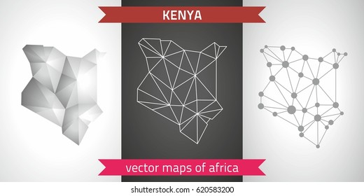 Kenya set of grey and silver mosaic 3d polygonal maps. Graphic vector triangle geometry outline shadow perspective maps