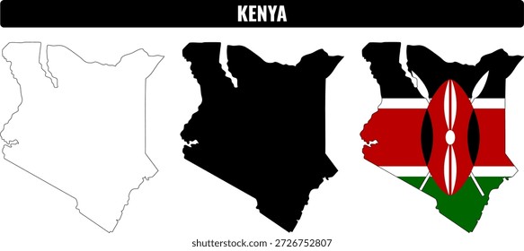 Kenia-Shapes, die Umrisse, gefüllte Formen und Flaggendesign für Bildungszwecke zeigen