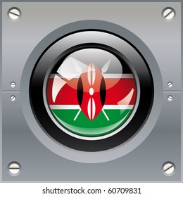 Kenya shiny button flag vector illustration. Isolated abstract object on metal background.