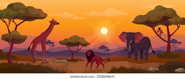 Puesta de sol en Kenia. Paisaje de la planicie africana, siluetas animales en pradera, safari africano prairie fauna silvestre giraffe savannah fondo panorámico ingenioso ilustración vectorial del paisaje de áfrica