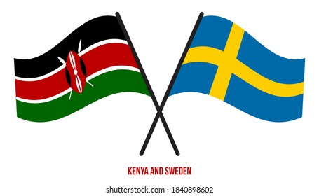 Kenya and Sweden Flags Crossed And Waving Flat Style. Official Proportion. Correct Colors.