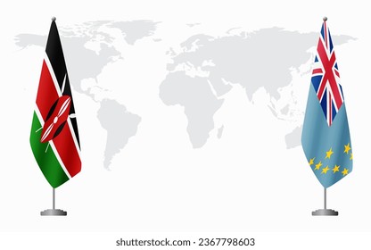 Kenya and Tuvalu flags for official meeting against background of world map.
