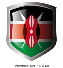 kenya vector illustration flag on metal shiny shield. Collection of flags on shield against white background. Isolated object.