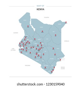 Kenya vector map. Editable template with regions, cities, red pins and blue surface on white background. 