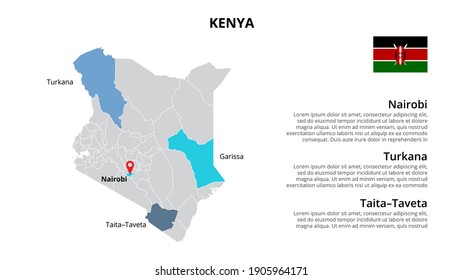 Kenya vector map infographic template divided by states, regions or provinces. Slide presentation.