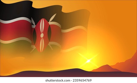 kenya waving flag concept background design with sunset view on the hill vector illustration suitable for poster background design about holiday, feast day, and independence day on kenya