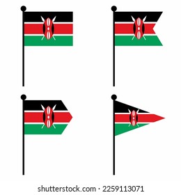Kenya waving flag icon set in 4 shape versions. Collection of flagpole sign for identity, emblem, and infographic. 