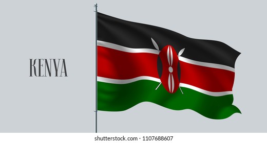 Kenya waving flag on flagpole vector illustration. Red green   element of Kenyan wavy realistic flag as a symbol of country 