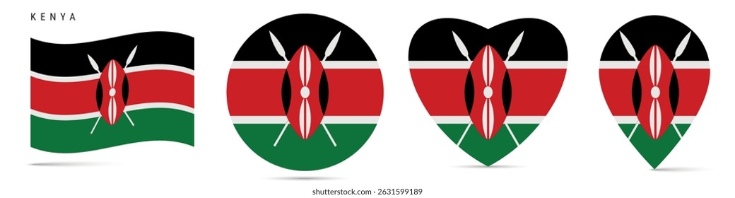 Kenya waving flag, round circle sticker badge, heart shaped icon, map pin. Kenyan flag buttons of different shapes. Vector illustration isolated on white.