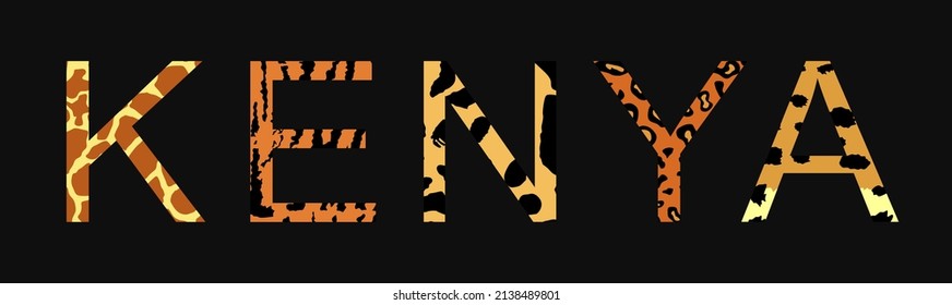 Kenya word with animal skin print over separated letter vector silhouette illustration isolated on background. Tourist invite to observing wildlife in national parks in Kenya, Africa. Fashion texture.