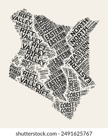 Kenya Word Cloud. Country with regions division. Kenya typographic text clouds vector image design. Vintage gazette style country shape image. Modern vector illustration.