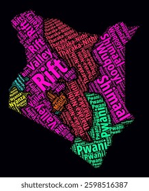 Kenya word cloud. Region names of the country in English language. Bright neon style design on dark background. Kenya shape with administrative division. Classy vector illustration.