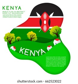 Kenya : World Flag in paper cut shapes with trees and mountains in the layers : Vector Illustration