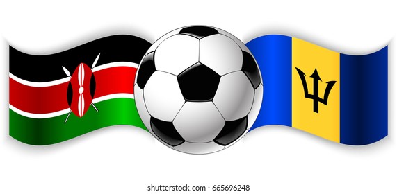 Kenyan and Barbadian wavy flags with football ball. Kenya combined with Barbados isolated on white. Football match or international sport competition concept.