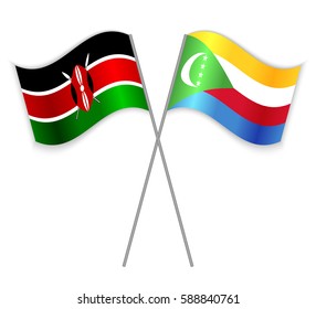 Kenyan and Comoran crossed flags. Kenya combined with Comoros isolated on white. Language learning, international business or travel concept.