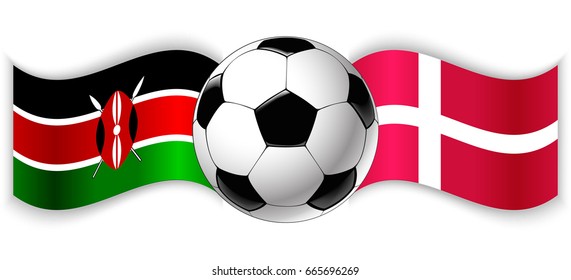 Kenyan and Danish wavy flags with football ball. Kenya combined with Denmark isolated on white. Football match or international sport competition concept.