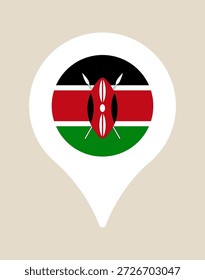 Bandera keniana con escudo masái dentro de un icono de pin de ubicación del mapa que simboliza los viajes, la geografía y el orgullo nacional.