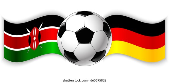 Kenyan and German wavy flags with football ball. Kenya combined with Germany isolated on white. Football match or international sport competition concept.
