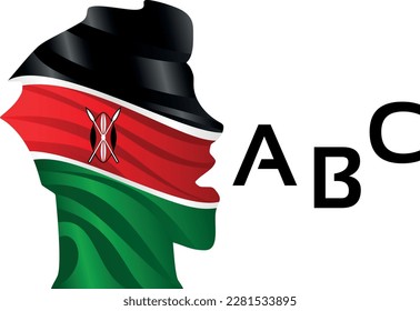 Kenyan head of a man pronounces the alphabet. Icon of the School of Foreign Languages in Kenya. Vector template for educational institutions.