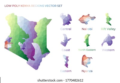 Kenyan low poly regions. Polygonal map of Kenya with regions. Geometric maps for your design. Appealing vector illustration.