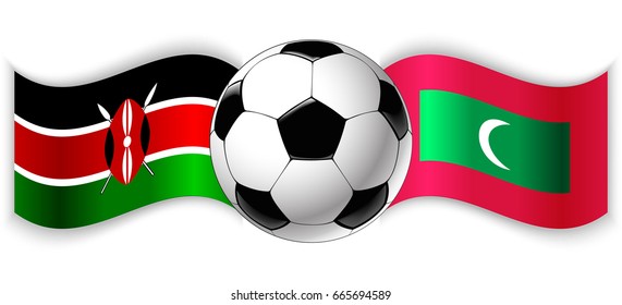Kenyan and Maldivian wavy flags with football ball. Kenya combined with Maldives isolated on white. Football match or international sport competition concept.