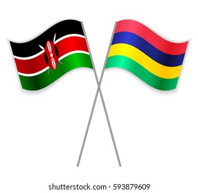 Kenyan and Mauritian crossed flags. Kenya combined with Mauritius isolated on white. Language learning, international business or travel concept.