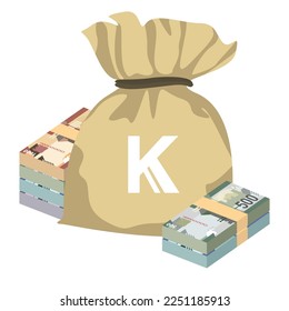 Kenyan Shilling Vector Illustration. Kenya money set bundle banknotes. Money bag 100, 200, 500, 1000 KES. Flat style. Isolated on white background. Simple minimal design.
