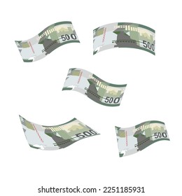 Kenyan Shilling Vector Illustration. Kenia Geldset Bundle Banknoten. Falling, fliegendes Geld 500 KES. Flacher Stil. Einzeln auf weißem Hintergrund. Einfaches minimales Design.