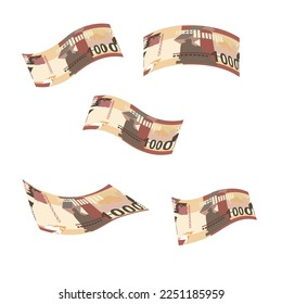 Kenyan Shilling Vector Illustration. Kenia Geldset Bundle Banknoten. Falling, fliegendes Geld 1000 KES. Flacher Stil. Einzeln auf weißem Hintergrund. Einfaches minimales Design.