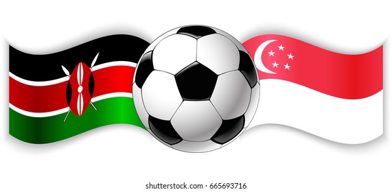 Kenyan and Singaporean wavy flags with football ball. Kenya combined with Singapore isolated on white. Football match or international sport competition concept.