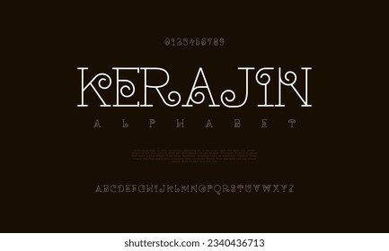 Kerajin creative vintage alphabet font. Digital abstract moslem, futuristic, fashion, sport, minimal technology typography. Simple numeric vector illustration