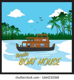KERALA BOAT HOUSE IN BACKWATER WITH COCONUT TREES - VECTOR