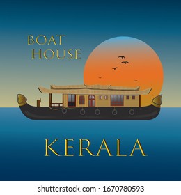 KERALA BOAT HOUSE IN BACKWATER WITH SUNSET BACKGROUND