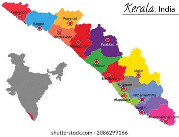 kerala colorful district map with regions kerala india vector map