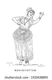 Kerala Culture Dance Mohiniyattam Outline Drawing Vector Illustration Design.