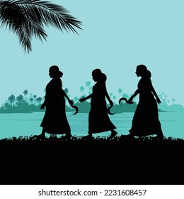 Kerala Female Farmers walking illustration with backwater background