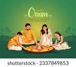 kerala fesival happy onam greetings abstract vector illustration. malayali family making pookalam