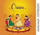 kerala fesival happy onam greetings abstract vector illustration. malayali girls making pookalam