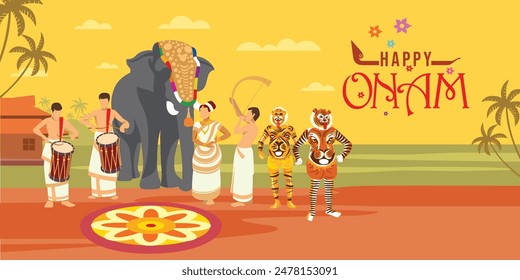 kerala fesival happy onam greetings Design with vector illustration. Illustration of Temple Elephant and other traditional art forms. Onam is a harvest festival in Kerala, India