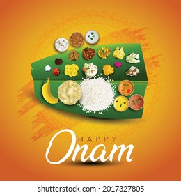 Kerala festival Happy Onam background with traditional food (onasadya) served on banana leaf. Vector illustrationdesign.