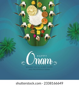 Kerala festival Happy Onam background with traditional food (onasadya) served on banana leaf. abstract Vector illustrationdesign.