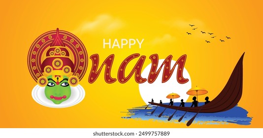 Kerala festival Happy Onam boat race with group of peoples vector background 