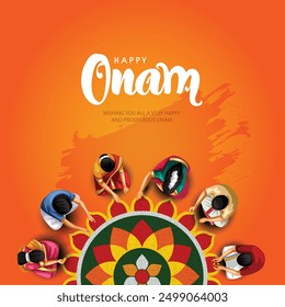 Festival de Kerala feliz onam con la gente que hace la decoración de la flor, uso para el cartel, folleto, Anuncio. diseño abstracto de la Ilustración vectorial