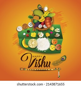 Kerala festival Happy Vishu background with traditional food  served on banana leaf. Vector illustration design.