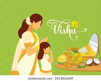 Kerala Festival Happy Vishu banner design template with illustration.