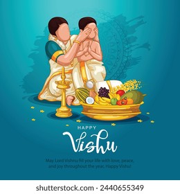 kerala festival Happy Vishu greetings. mother and son  watching Vishukani in the day of Vishu.flower,  Fruits and vegetables in a bronze vessel. abstract vector illustration design