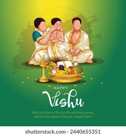 kerala festival Happy Vishu greetings. family watching Vishukani in the day of Vishu.flower,  Fruits and vegetables in a bronze vessel. abstract vector illustration design