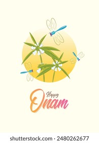 Kerala Festival Onam Grüße mit Illustration der saisonalen Blume Thumba (Leukas schlitzwort) und Libellen. 